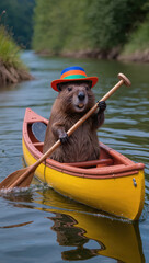 Obraz premium Cheerful beaver yellow canoe river paddle hat nature summer adventure wildlife waterway calm forest sunny travel