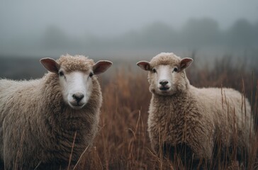 Fototapeta premium Two curious sheep gazing intently on a field with a hazy background.
