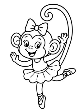 Dancing Monkey Ballerina: A charming illustration depicts a delightful monkey ballerina, gracefully leaping into a ballet pose with a cheerful smile and elegance