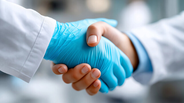 Closeup of two hands one in azure medical glove and other in white lab coat shaking handshake, transparent background, professional medical partnership, healthcare cooperation gest