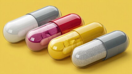 Antibiotic pills and capsules of various colors against a soft yellow background