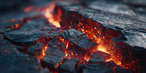 Dark volcanic rock surface texture with deep cracks emitting a brilliant molten red and orange glow from beneath. Image visualizes geological power, abstract energy, intense heat