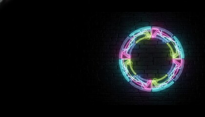 3D illustration of a glowing neon circular shape with electric discharges on a dark brick wall background. Futuristic cyberpunk design element or portal concept.