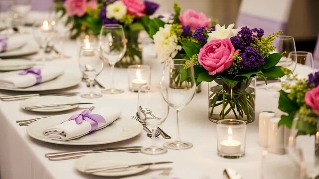 Elegant Floral Table Setting: A beautifully adorned table setting featuring fresh flowers, elegant glassware, and delicate napkins, creating an ambiance of refined sophistication and celebration.