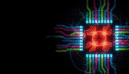 Glowing neon computer microchip or CPU with circuit lines on a dark brick wall. 3D illustration representing high-tech hardware, processors and computing data.