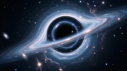 Celestial Enigma: Witness the cosmic dance of a black hole, a gravitational marvel that bends light and time, surrounded by a swirling galaxy of stars and celestial wonders. - Powered by Adobe