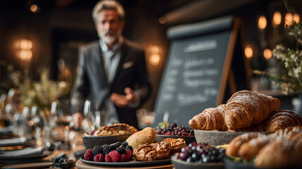 Corporate photo of European professionals at a luxury business breakfast meeting. Presenter at flip chart. Highly detailed close-up of gourmet food (coffee, pastries, fruit) on table