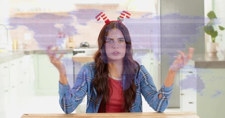 Woman starting speech, gesturing at table, purple overlay highlighting points for marketing