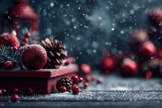 Red Christmas decorations on a wooden podium with falling snow and festive pine cones on a frosted surface - Powered by Adobe