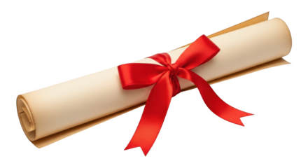 Rolled parchment scroll tied with red ribbon on black