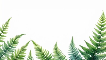 Vibrant watercolor green fern leaves gracefully arranged to form a natural, organic border on a pristine white background, evoking freshness and botanical beauty