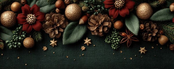 Dark green background with Christmas decorations and gold accents for festive holiday imagery