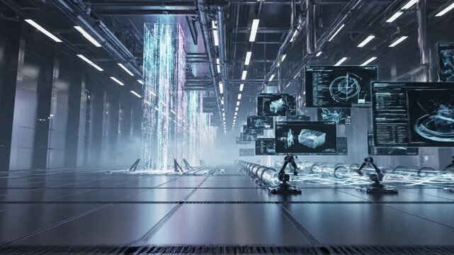 Futuristic lab with holographic cube, glowing 3D tubes, illuminated screens, and digital schematics