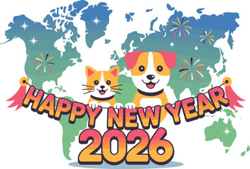 Fototapeta premium Global Happy New Year 2026 Festoon with Cute Cartoon Pets and World Map Vector