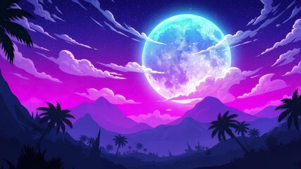 Enchanting neon sunset over tropical mountains with vibrant moon glow and silhouette palm trees 4k high quality footage
