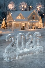 Ice sculpture of 2026 in front of a festively lit winter home with fireworks