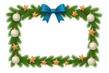 Christmas frame decorating pine garland with golden stars, white baubles, and blue ribbon bow, transparent background