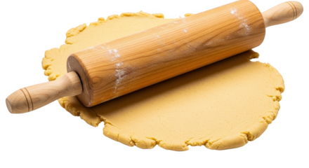 Wooden rolling pin flattening yellow dough on black background