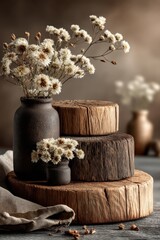 Fototapeta premium Rustic floral arrangement in dark ceramic vase on stacked wooden rounds with natural backdrop