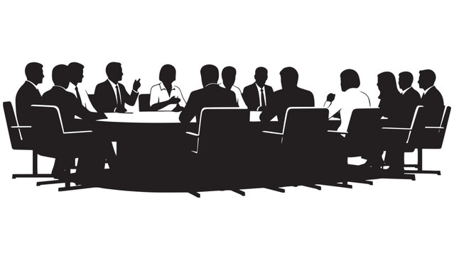 Silhouette vector illustration of a large corporate boardroom meeting with multiple executives seated at a conference table for business strategy discussion