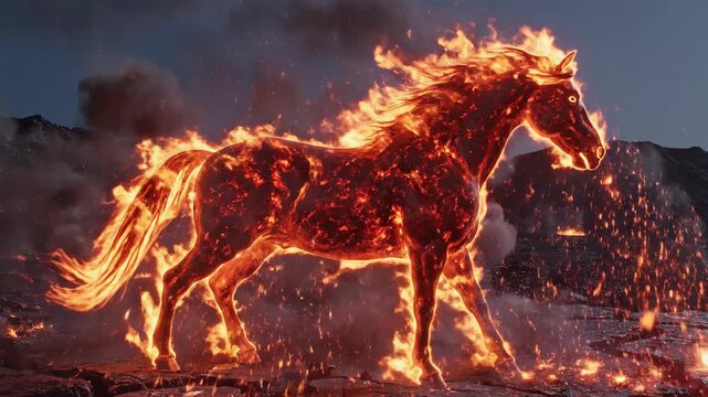 Fierce flaming horse emerging from volcanic landscape during twilight