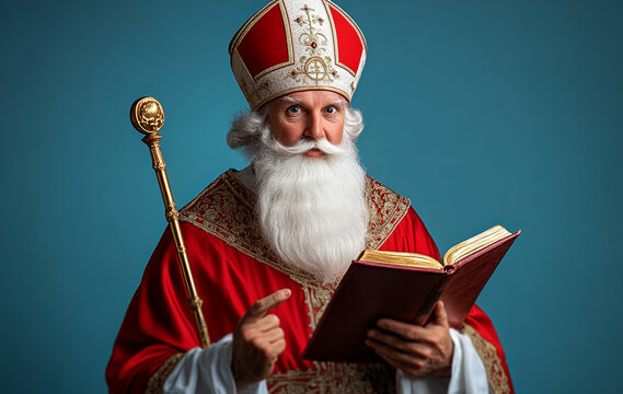 st. nicholas day with a white beard, red costume, and staff holding a book on a blue background  - Powered by Adobe