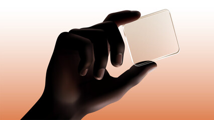 Silhouette Hand Holding Smooth Transparent Glass Block Against Soft Peach&ndash;Blue Gradient