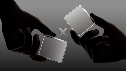 Two Silhouette Hands Interacting with Transparent Glass Panels on Minimal Dark Background
