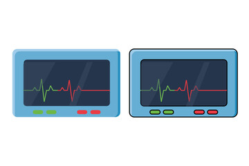 Vector medical equipment icon set including hospital and healthcare devices such as IV drip, oxygen cylinder, patient monitor, hospital bed, blood test tube, syringe, thermometer, blood pressure monit