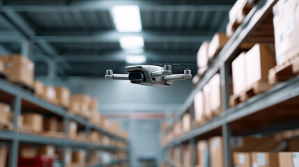 Autonomous delivery drone flying in modern warehouse between storage shelves with packages. Innovation in logistics, automated supply chain, smart technology, inventory management concept.