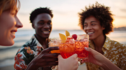 Friends toasting colorful cocktails and mocktails at beach sunset party. Tropical drinks with fruit garnish, ice, ocean backdrop. Summer celebration, vacation, social gathering concept.