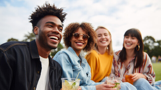 Happy diverse friends enjoying outdoor picnic with mocktails and cocktails. Summer park gathering, social celebration, joyful moments, friendship, leisure lifestyle concept. - Powered by Adobe