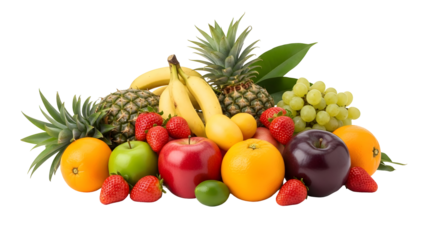 Abundant assortment of fresh tropical and orchard fruits including pineapples bananas oranges apples grapes and strawberries on black