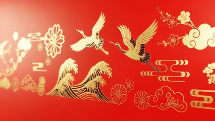 Chinese traditional elements gold on red background