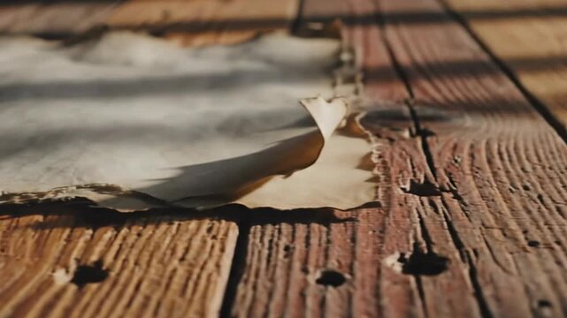 Vintage old paper scroll parchment lying on wooden table with shadows of window blinds in sunlight