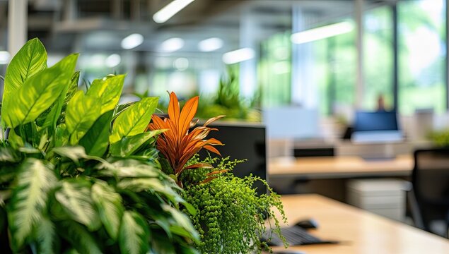 Lush green indoor plants including bromeliads and ferns arranged on office desks in a bright modern workspace