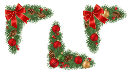 Christmas tree branches decorated with red bows and ornaments on white background