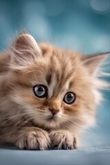 Cuddly kitten with plush fur on sapphire blue background, warm mood