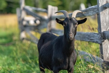 Curious billy goat on a rural farm at golden hour