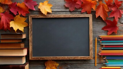 Blank framed chalkboard on rustic wooden table surrounded by colorful autumn leaves stacked vintage books and organized colored pencils for back to school concept - Powered by Adobe