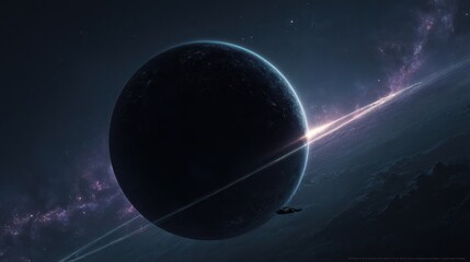 Dark ringed planet drifting in a starry cosmos with a lone spacecraft silhouette