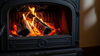 Cozy fireplace with burning logs and sparks in black stove