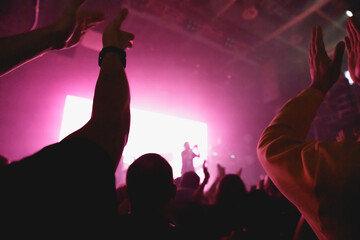 Fans lifting hands toward stage during a live concert with blue lighting and energetic atmosphere.