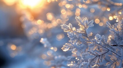 Frosty winter branch sunrise bokeh background