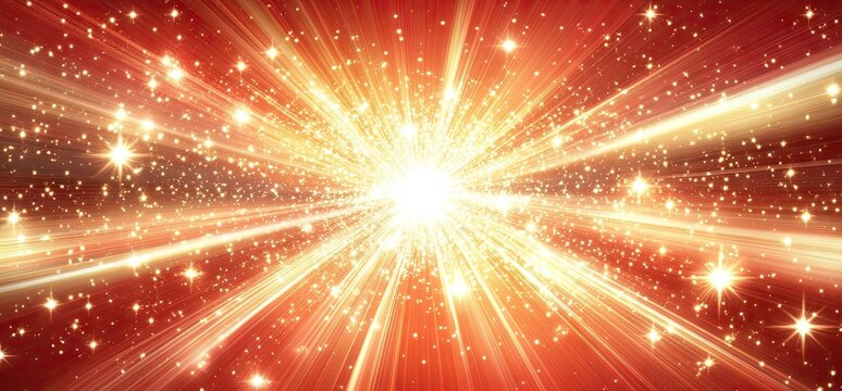 Intense golden-white starburst explosion with radiant beams on a deep red background