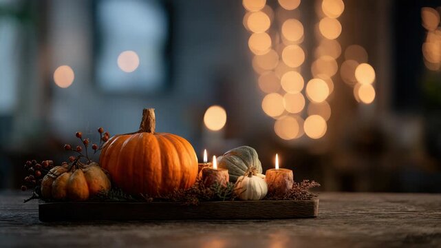 Cozy autumn still life with orange pumpkins white gourd and lit candles on wooden tray sitting on table against warm bokeh lights background creating festive thanksgiving