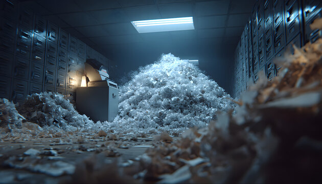 Shredding machine overflows with paper in a storage room. Confidential data destruction process at workplace. Archive with documents security and privacy concept. Data breach risk.