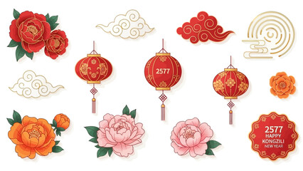 Lunar New Year Celebrations Lanterns, Flowers, and Golden Clouds