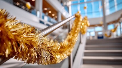 Sparkling gold tinsel garland decorates modern indoor staircase for festive occasion