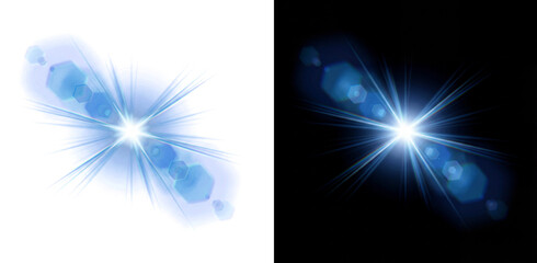 Blue lens flare light effect PNG with hexagonal bokeh and starburst rays isolated on black background